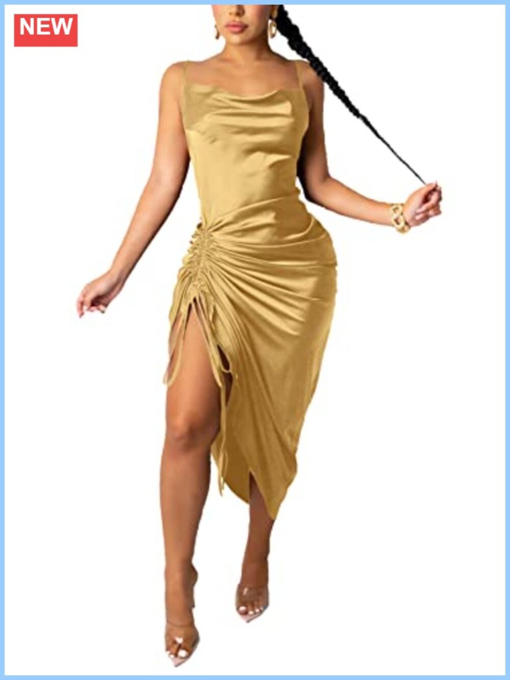 Satin Spaghetti Strap Side Ruched Midi/Mini Dress Club Party Cocktail